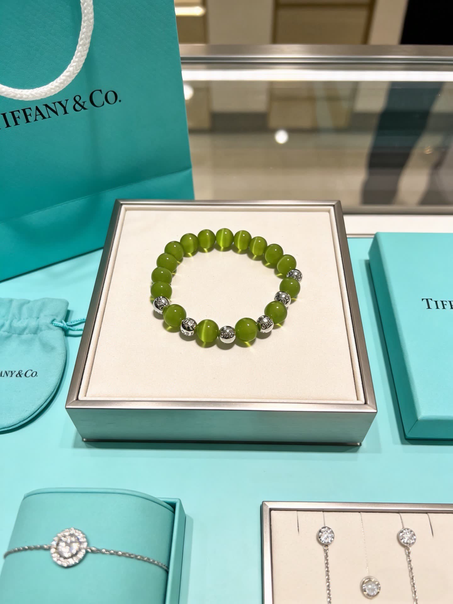 Tiffany & Co Green Beaded Bracelet with Silver Accents